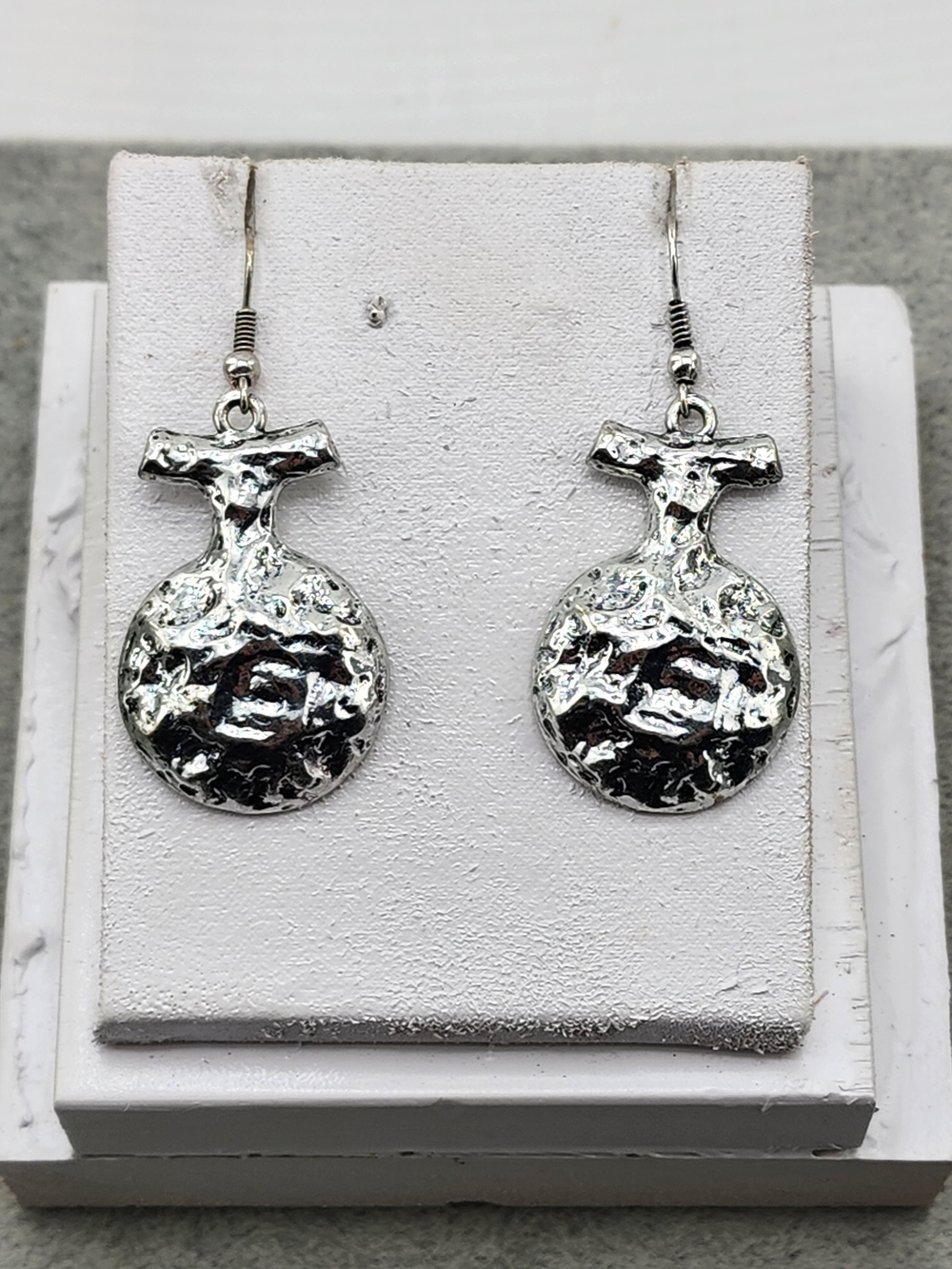 Silver Tone Hammered Disc Drop Earrings - 0500